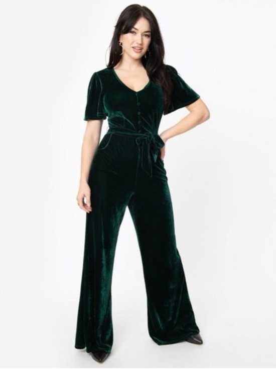 Unique Vintage Pants - Unique Vintage Emerald Green Velvet Wide-Leg Jumpsuit 💚 NWT